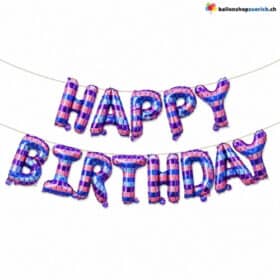Happy Birthday Ballon Buchstaben Schriftzug Set Karo Blau Lila