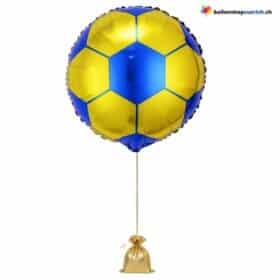 Globo de aluminio con forma de balón de fútbol, ​​azul y amarillo.
